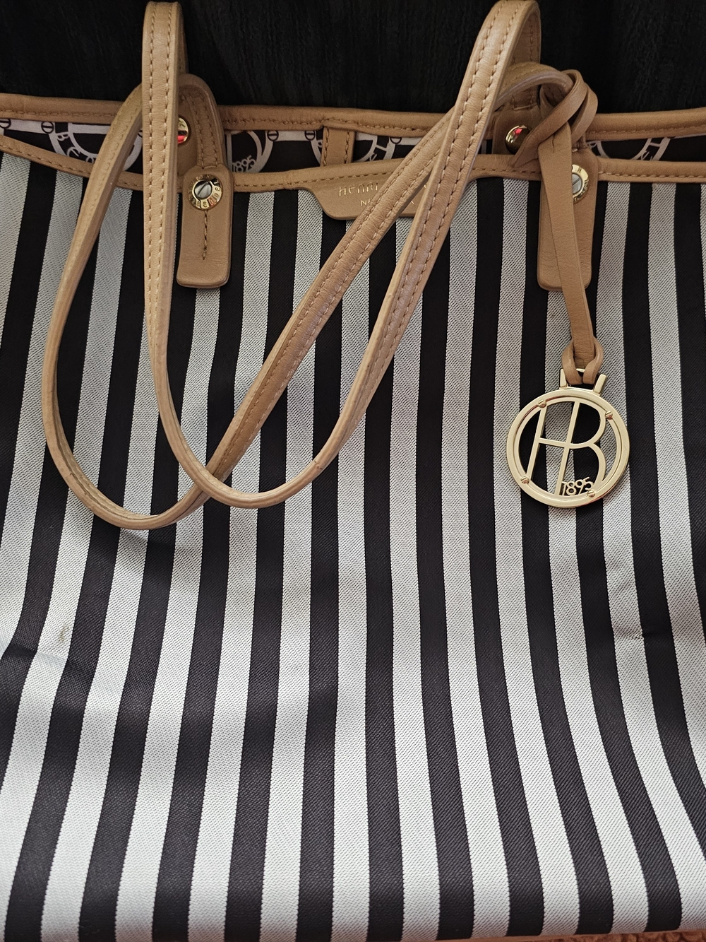 Henri Bendel Striped Black & White Tote Bag with Tan Trim